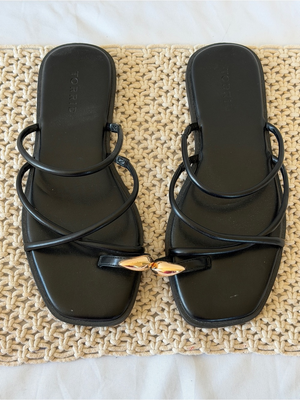 torrid Black Strappy Slide Sandals with Gold Detail